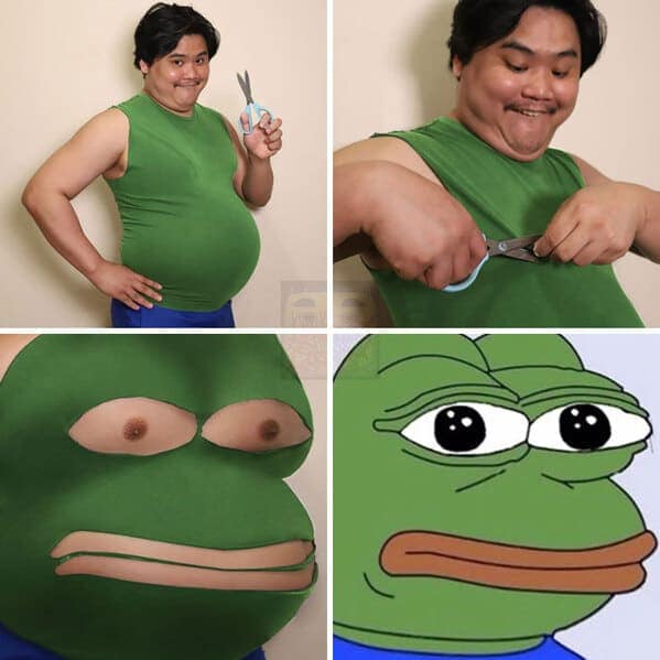 4-panel low cost cosplay guy grid where he transforms his torso into Pepe the Frog. By cutting a horizontal slit in a green tank top, he uses the fabric gap as a mouth and his own nipples as the bulging eyes of the meme frog.