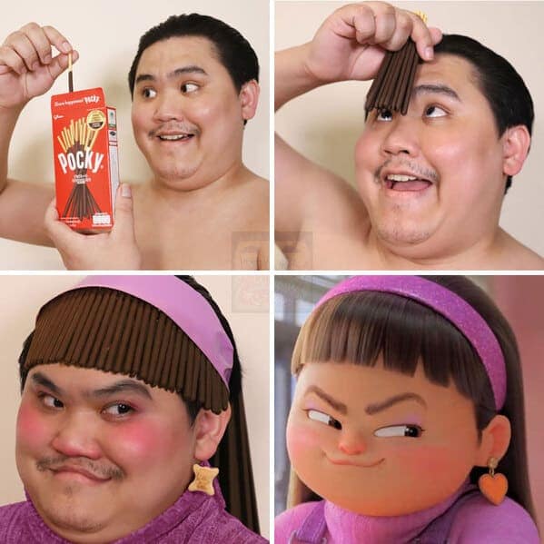 creative low cost cosplay guy transformation into Abby from Disney’s Turning Red. He uses chocolate Pocky sticks as straight-cut bangs, a pink headband, and star-shaped cookies as heart earrings to achieve the character’s look.