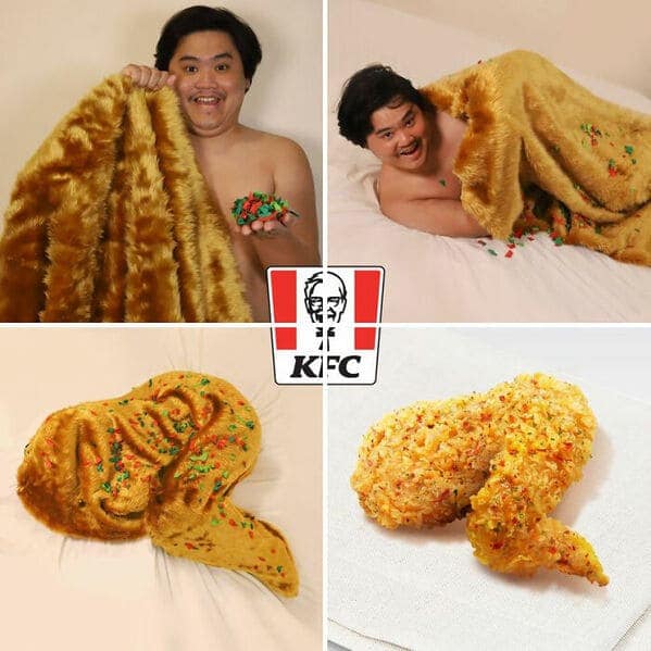 food-based low cost cosplay guy project. Using a shaggy brown faux-fur blanket and small red and green bits for seasoning, he perfectly replicates the shape and texture of a piece of KFC original recipe fried chicken.