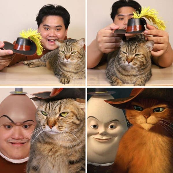 hilarious low cost cosplay guy 4-panel grid featuring his tabby cat. He gives the cat a tiny feathered hat to become Puss in Boots, while he poses as a bald, egg-shaped Humpty Dumpty in the background.