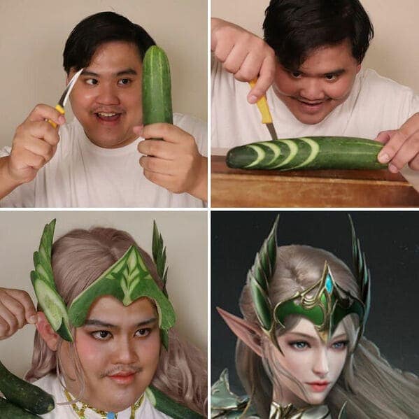 fantasy-themed low cost cosplay guy creation. He carves a green cucumber into intricate, leaf-like patterns and wears the peels as an elegant crown to mimic the headdress of a high-elf character from a video game.