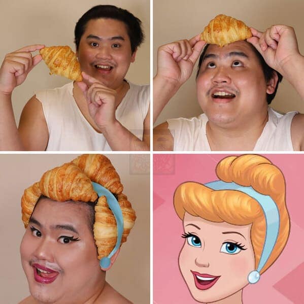 In this carb-heavy low cost cosplay guy grid, he recreates Disney's Cinderella. By pinning several buttery croissants to his head and adding a blue headband, he achieves the princess's iconic blonde hair rolls with edible, flaky precision.