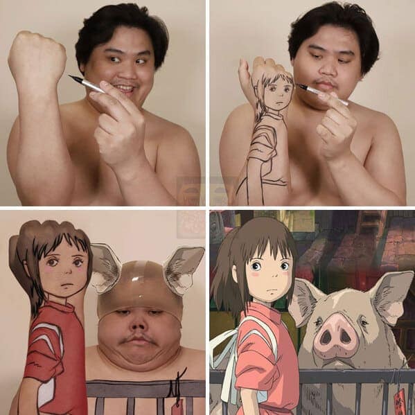 creative low cost cosplay guy tribute to Spirited Away. He draws a detailed sketch of Chihiro on his own forearm and positions his torso—complete with a swim cap and cardboard ears—to act as the giant pig in the background of the iconic scene.