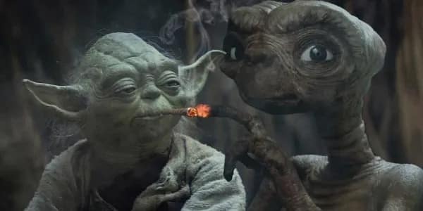 surreal funny meme showing a high-quality digital edit of Yoda and E.T. sitting together in a dark forest, sharing a long smoking pipe or joint.