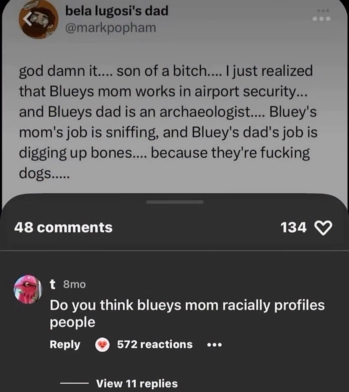 A cursed funny meme analyzing the careers of the parents in the show Bluey. It points out the mom is airport security (sniffing) and the dad is an archaeologist (bones), followed by a comment asking if the mom racially profiles travelers.