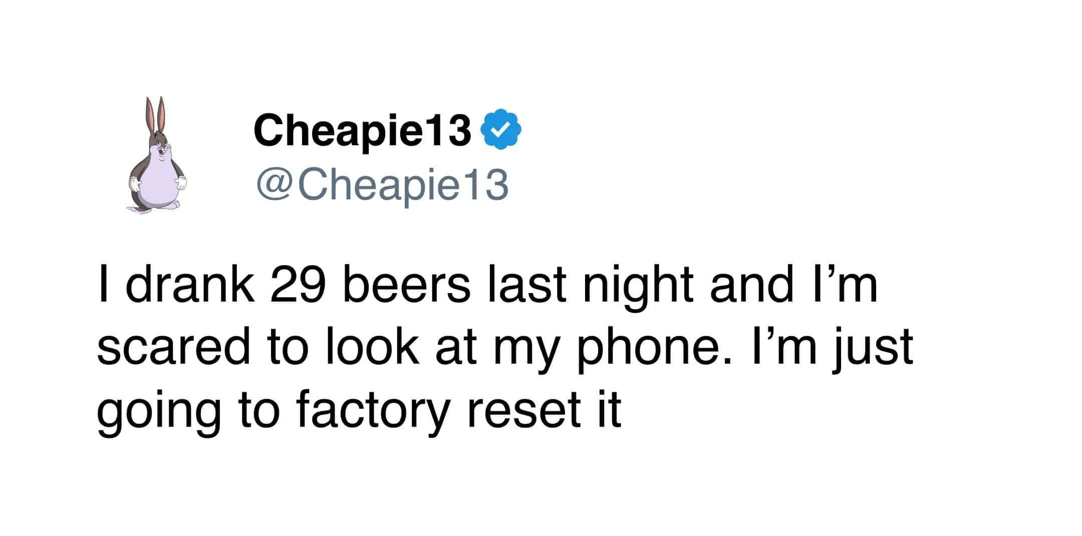 relatable funny meme tweet from @Cheapie13 featuring a Big Chungus profile picture. The text reads: "I drank 29 beers last night and I’m scared to look at my phone. I’m just going to factory reset it."