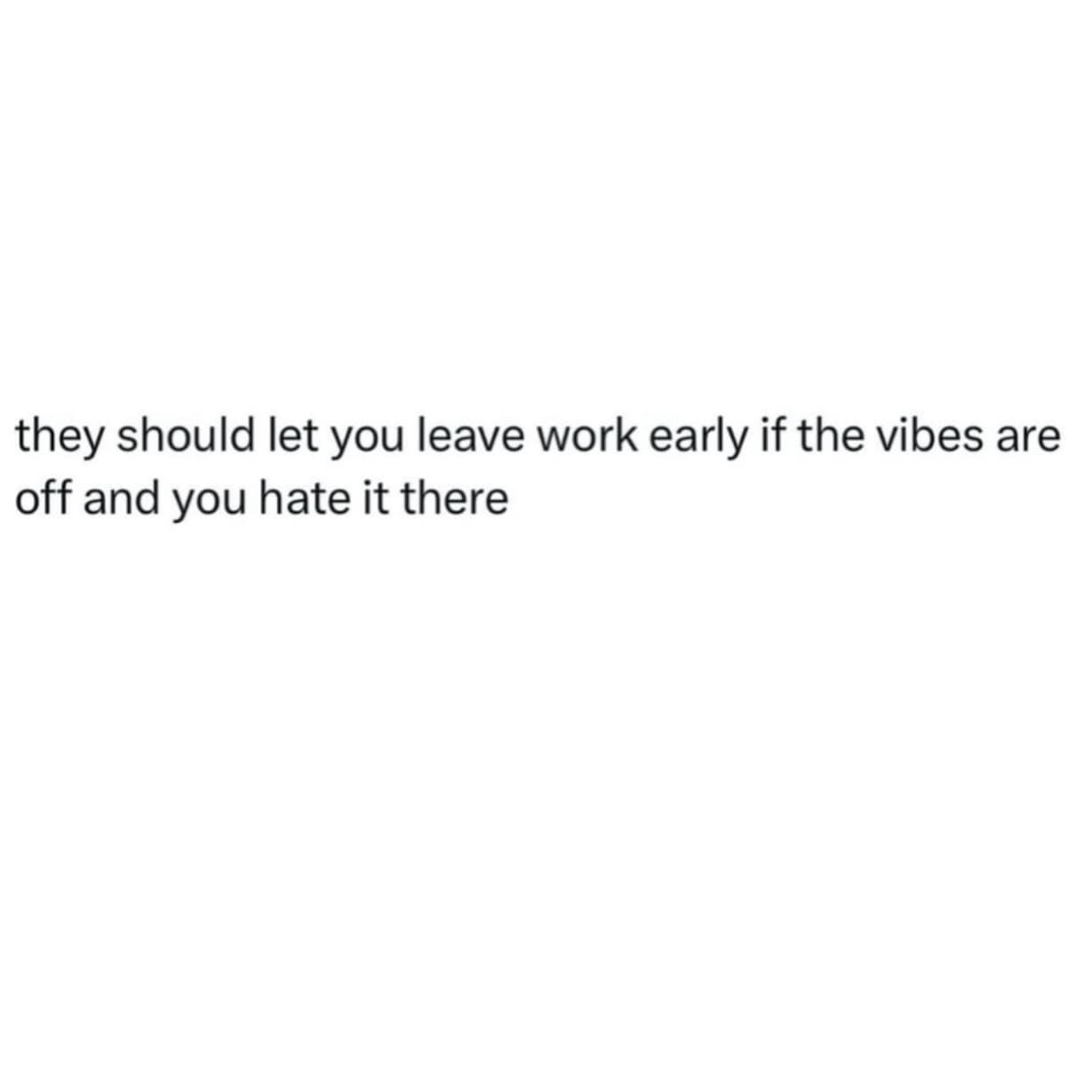 A blunt text-based hilarious meme arguing for new labor laws: "they should let you leave work early if the vibes are off and you hate it there."