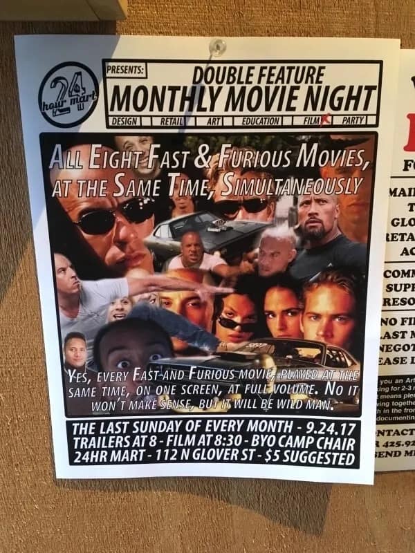 absurd meme dump flyer for a "Monthly Movie Night" at a 24-hour mart. The feature event is "All Eight Fast & Furious Movies, at the Same Time, Simultaneously" on one screen at full volume.