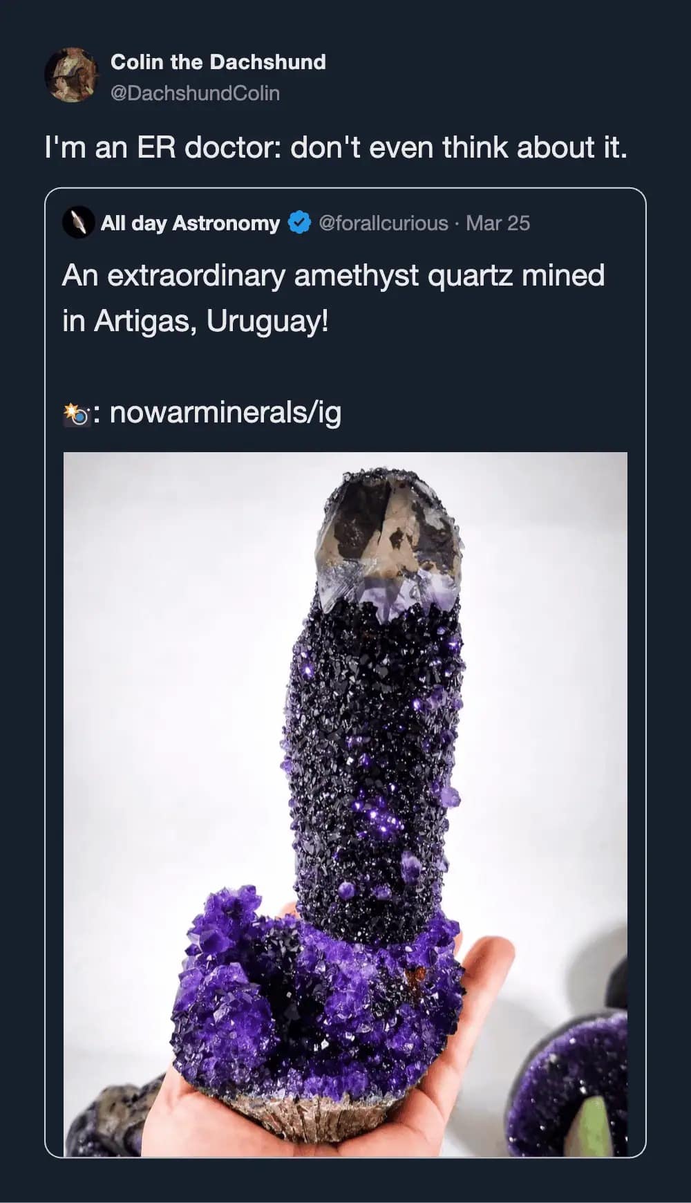 Part of a meme dump, this hilarious meme showcases an "extraordinary" amethyst quartz crystal that possesses a strikingly phallic shape. A quote-tweet from "Colin the Dachshund" (claiming to be an ER doctor) warns, "don't even think about it."