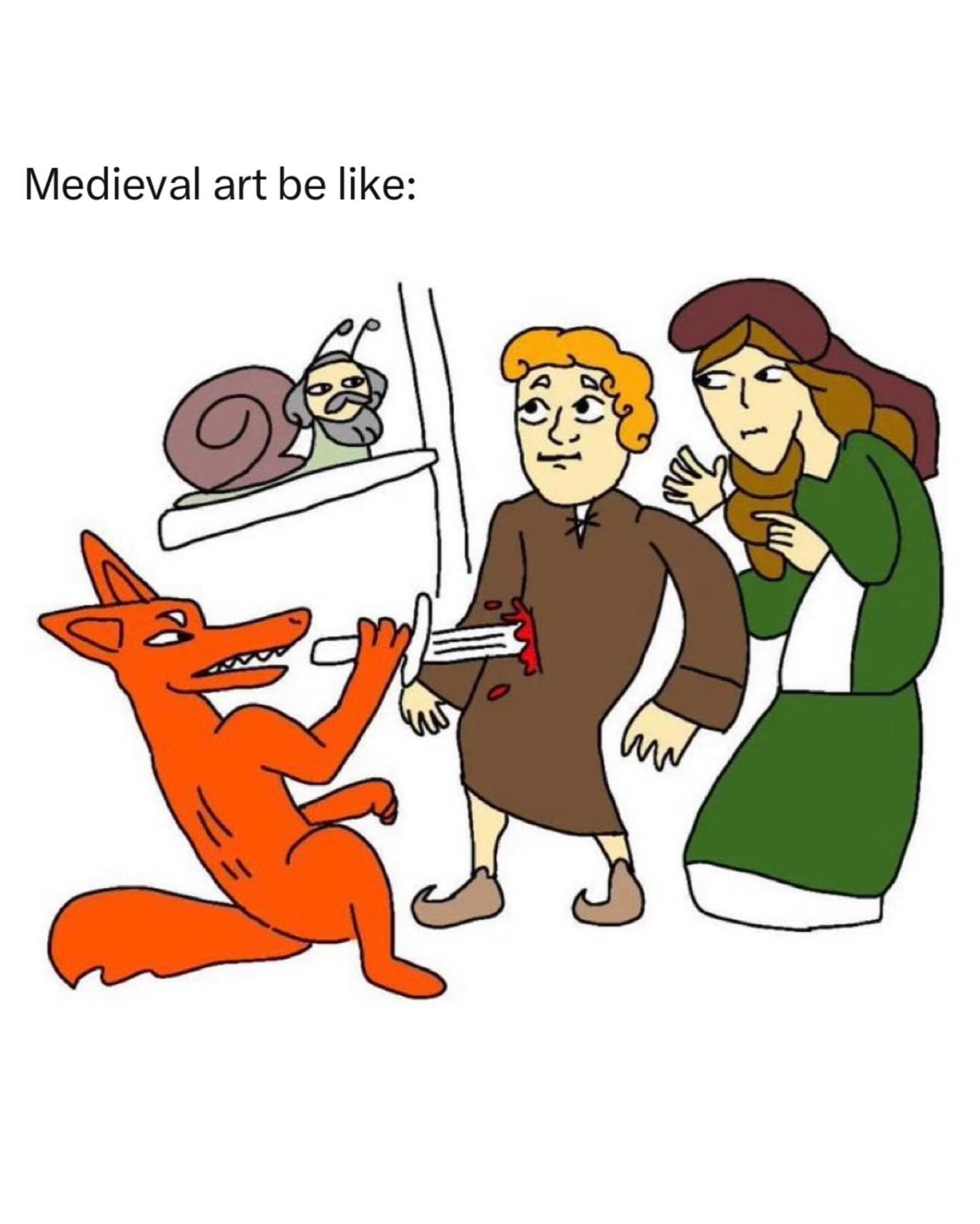 A hilarious meme parodying the bizarre marginalia of the Middle Ages. Labeled "Medieval art be like:", the illustration shows a fox with a sword stabbing a man while a human-headed snail looks on from a shelf.