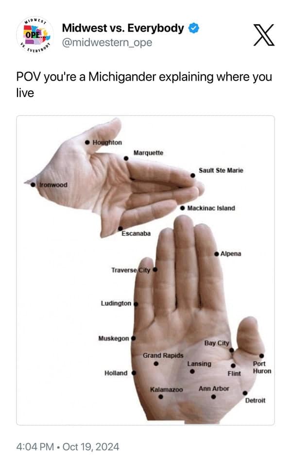 definitive midwest meme for Michiganders. It shows two hands used as maps to explain locations in the Upper and Lower Peninsulas, with cities like Detroit, Lansing, and Marquette labeled on specific fingers and palms.