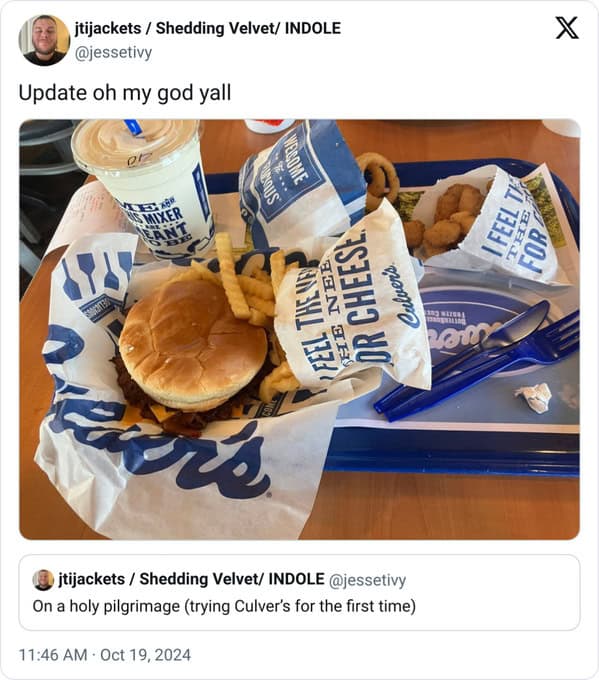 A food-centric midwest meme from @jessetivy documenting a "holy pilgrimage" to try Culver's for the first time. The photo shows a tray loaded with a ButterBurger, crinkle-cut fries, a side of cheese curds, and a large Concrete Mixer.