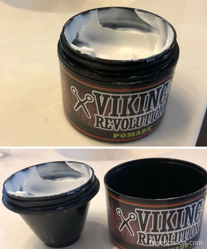 A jar of hair pomade with a false bottom and thick walls to minimize product volume.
