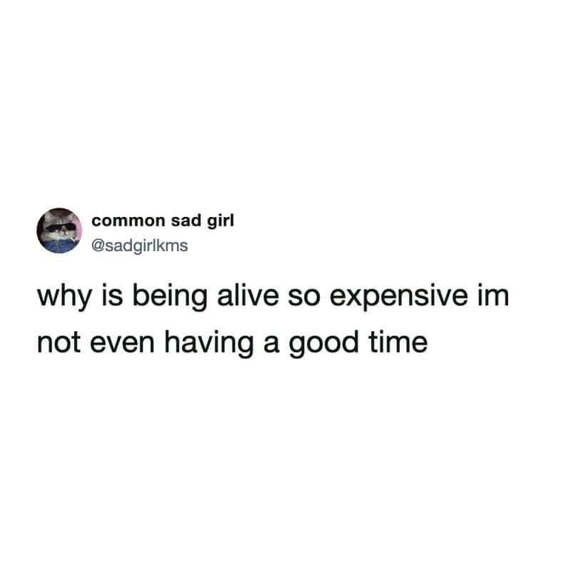 A nihilistic broke meme tweet by common sad girl (@sadgirlkms). The text asks: "why is being alive so expensive im not even having a good time," alongside a profile picture of a cat wearing sunglasses.