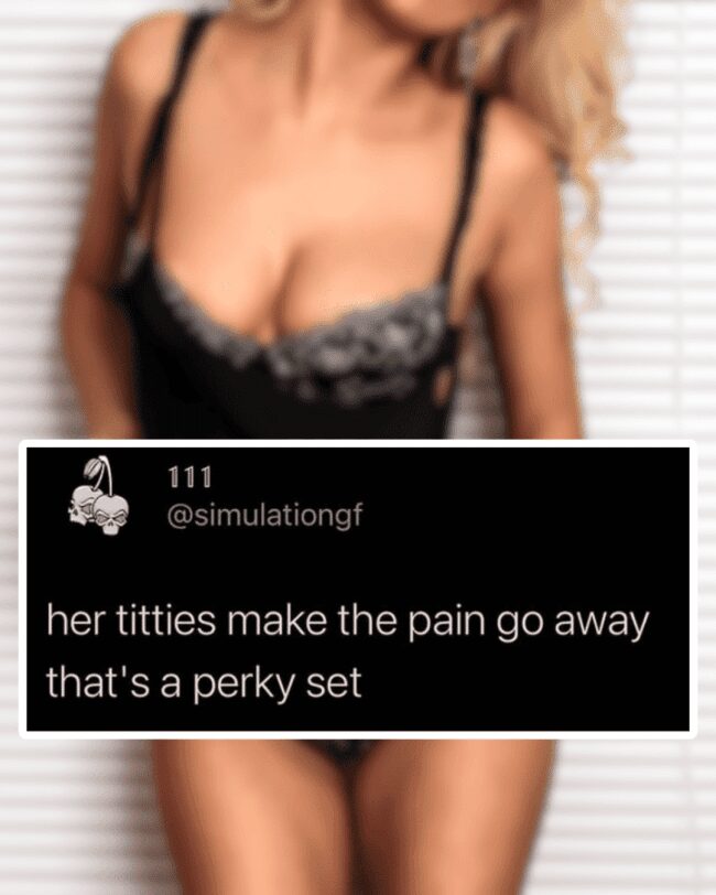 A social media post about a perky set of physical attributes over a blurred background.