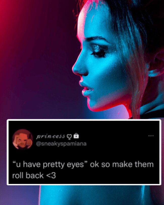 A side profile of a woman in blue and red lighting with an suggestive caption.