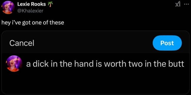 A draft of a tweet featuring a raunchy twist on a classic bird-in-hand proverb.