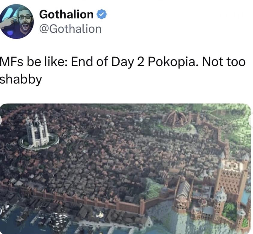 A text-based Pokopia meme praises the developers for giving the monsters a specific level of sentience where they bring the player gifts like sticks but also continue to eat dirt and chase their own tails.