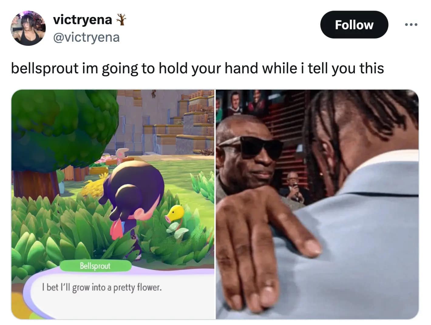 heartbreakingly funny Pokopia meme shows a gameplay screen where a Bellsprout says, "I bet I’ll grow into a pretty flower," paired with the viral image of Deion Sanders placing a sympathetic hand on a man's shoulder to break some bad news