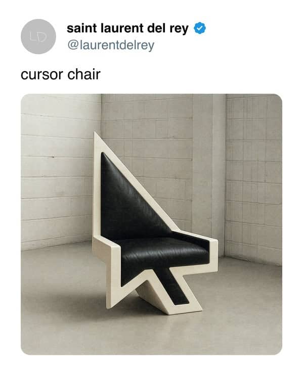 A sculptural chair shaped like a digital mouse cursor with a black leather seat and white frame.