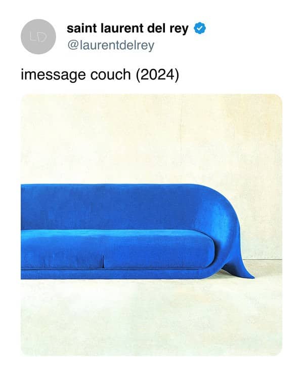 A minimalist, vibrant blue velvet couch designed to resemble an iMessage text bubble.