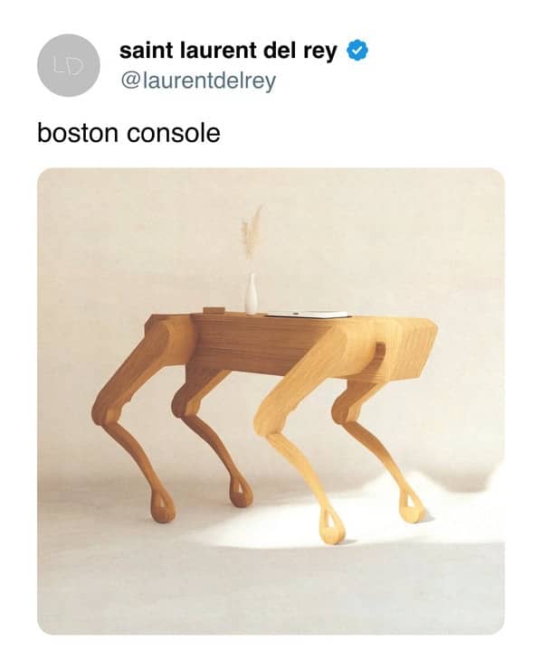 A sleek wooden console table designed with legs that mimic the robotic movement of Boston Dynamics.