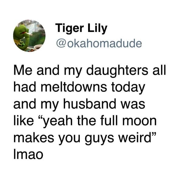 Tweet about a husband attributing his family's collective bad mood to the full moon.