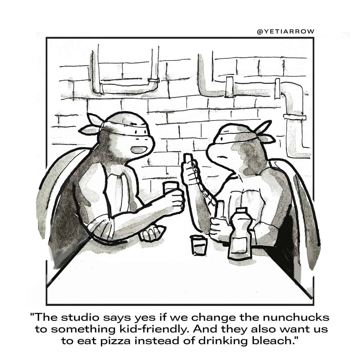 Single-panel comic: two Ninja Turtles share drinks and discuss studio notes about nunchucks and pizza.