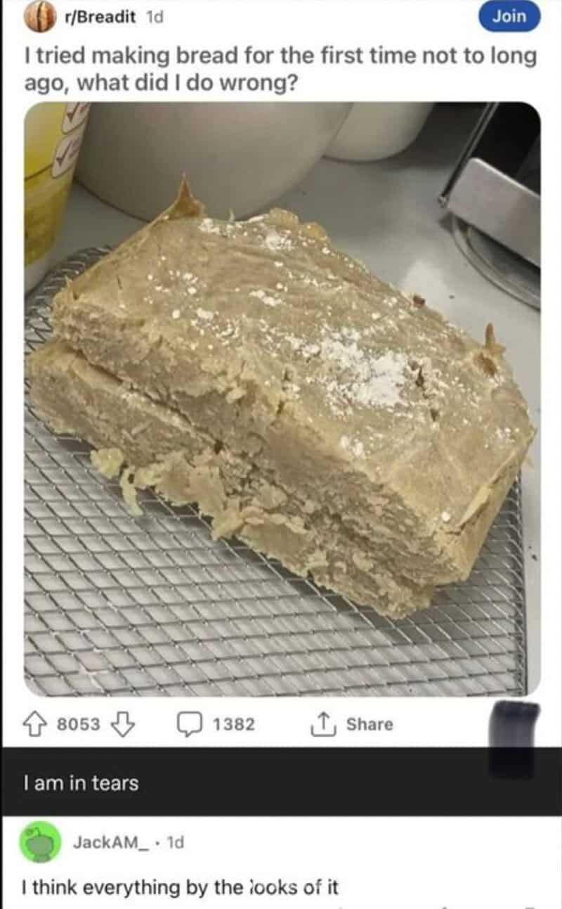 Reddit r/Breaddit post showing disastrously flat failed first bread attempt on cooling rack