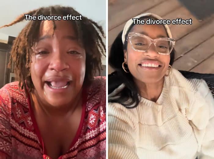 Crying woman versus happy stylish woman before and after divorce split screen.