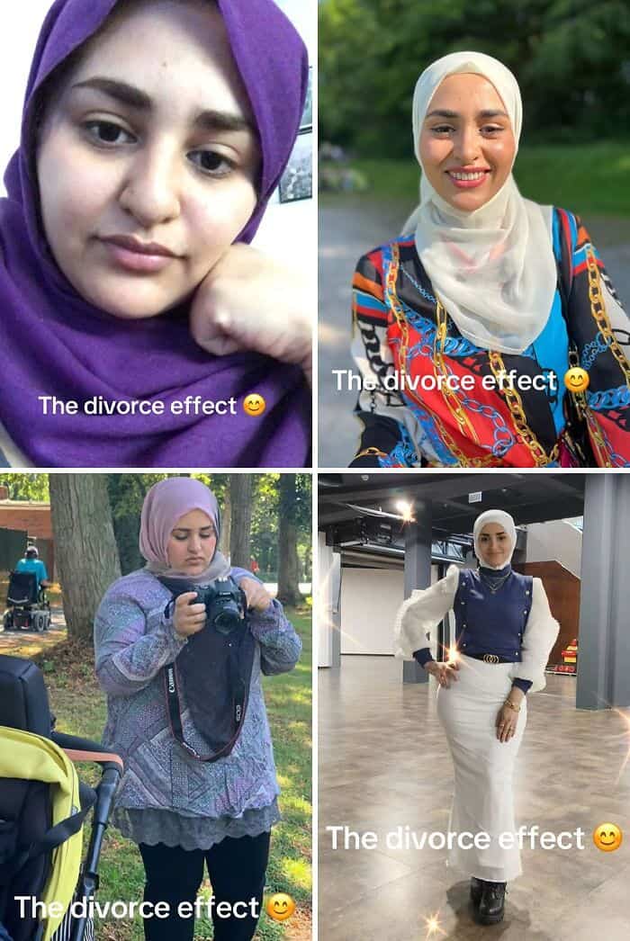 Muslim woman transformation from unhappy to vibrant fashionista after divorce.