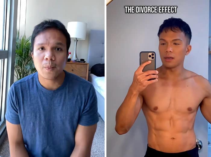 Man showing physical transformation from dad bod to ripped abs after divorce.