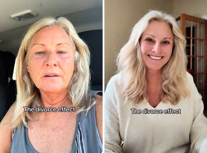 Blonde woman transition from exhausted to vibrant and smiling after divorce.