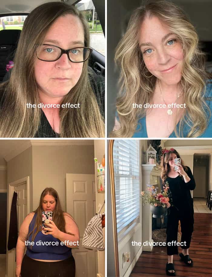 Woman weight loss and style transformation before and after divorce collage.