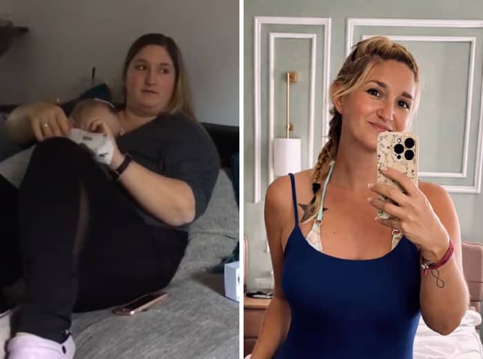 Tired mother holding baby versus fit happy woman in swimsuit after divorce.