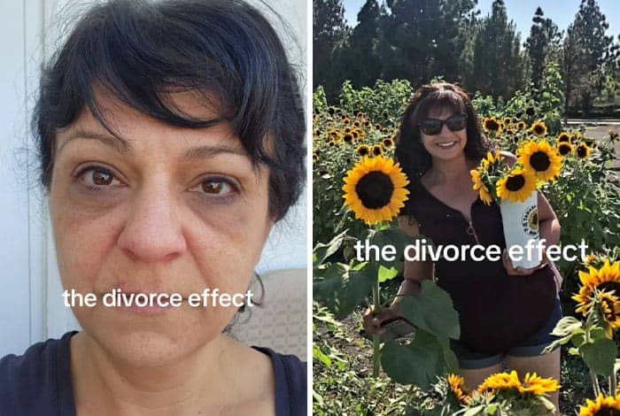 Woman with dark circles versus happy woman holding sunflowers after divorce.
