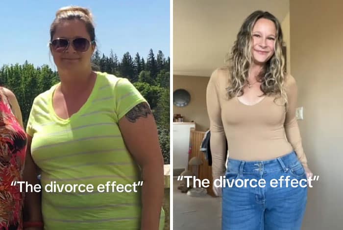 Significant weight loss transformation showing woman in jeans after divorce.