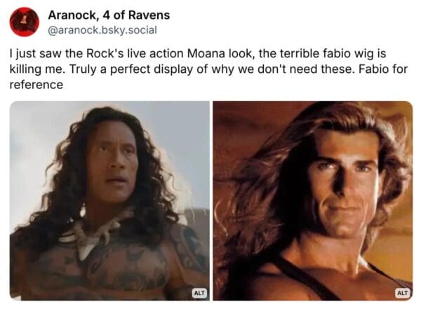 A side-by-side The Rock wig meme comparison. On the left is the Rock as Maui with his flowing hair; on the right is a vintage photo of the model Fabio Lanzoni with his signature long tresses. The tweet calls the look a "terrible fabio wig."