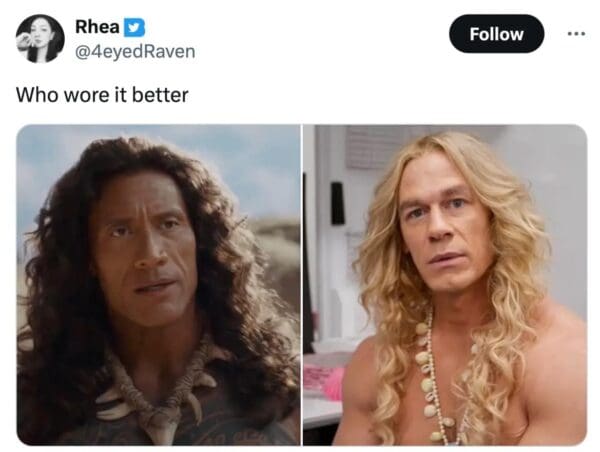 A "Who wore it better" The Rock wig meme tweet from Rhea. It compares a serious still of The Rock as Maui in his dark wig to a photo of John Cena in a long, frizzy blonde wig from the film Ricky Stanicky.