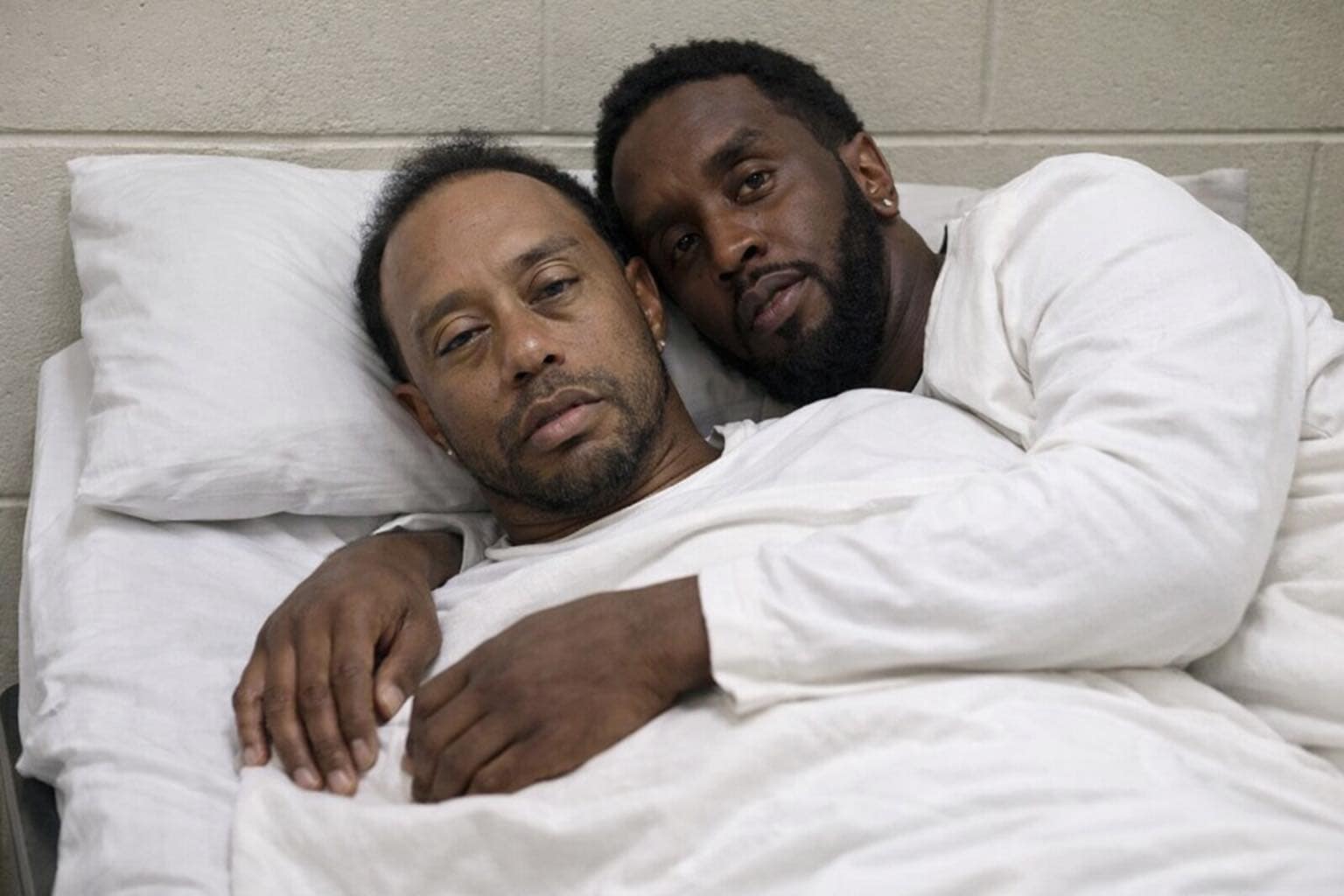 Tiger woods DUI meme showing a photoshopped edit of Tiger Woods and Sean "Diddy" Combs lying in a hospital or prison-style bed together, looking tired and staring directly into the camera while wearing matching white undershirts.