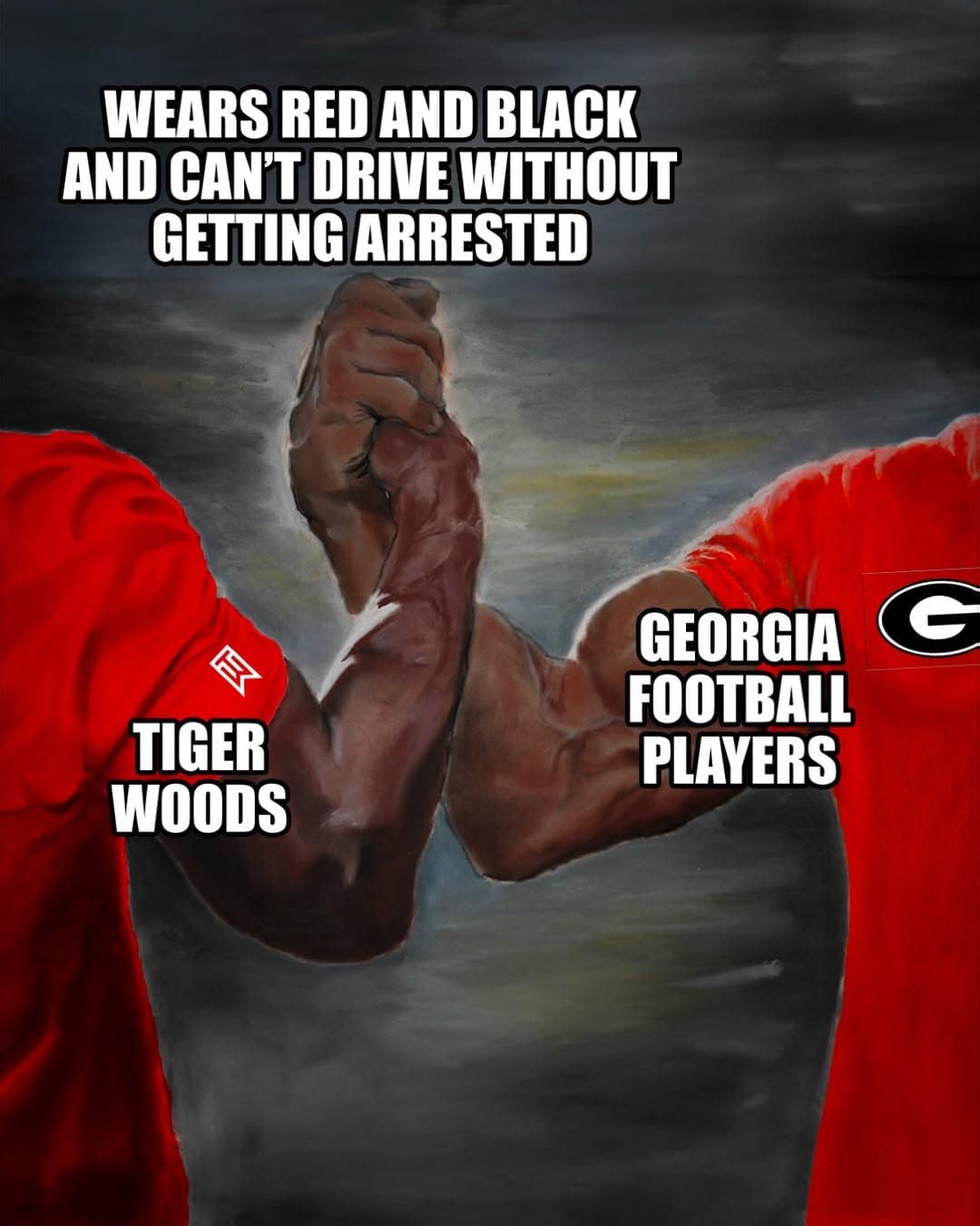 An "Epic Handshake" Tiger Woods crash meme comparing his driving record to Georgia Football players. The text highlights their unfortunate shared niche: "Wears red and black and can't drive without getting arrested."