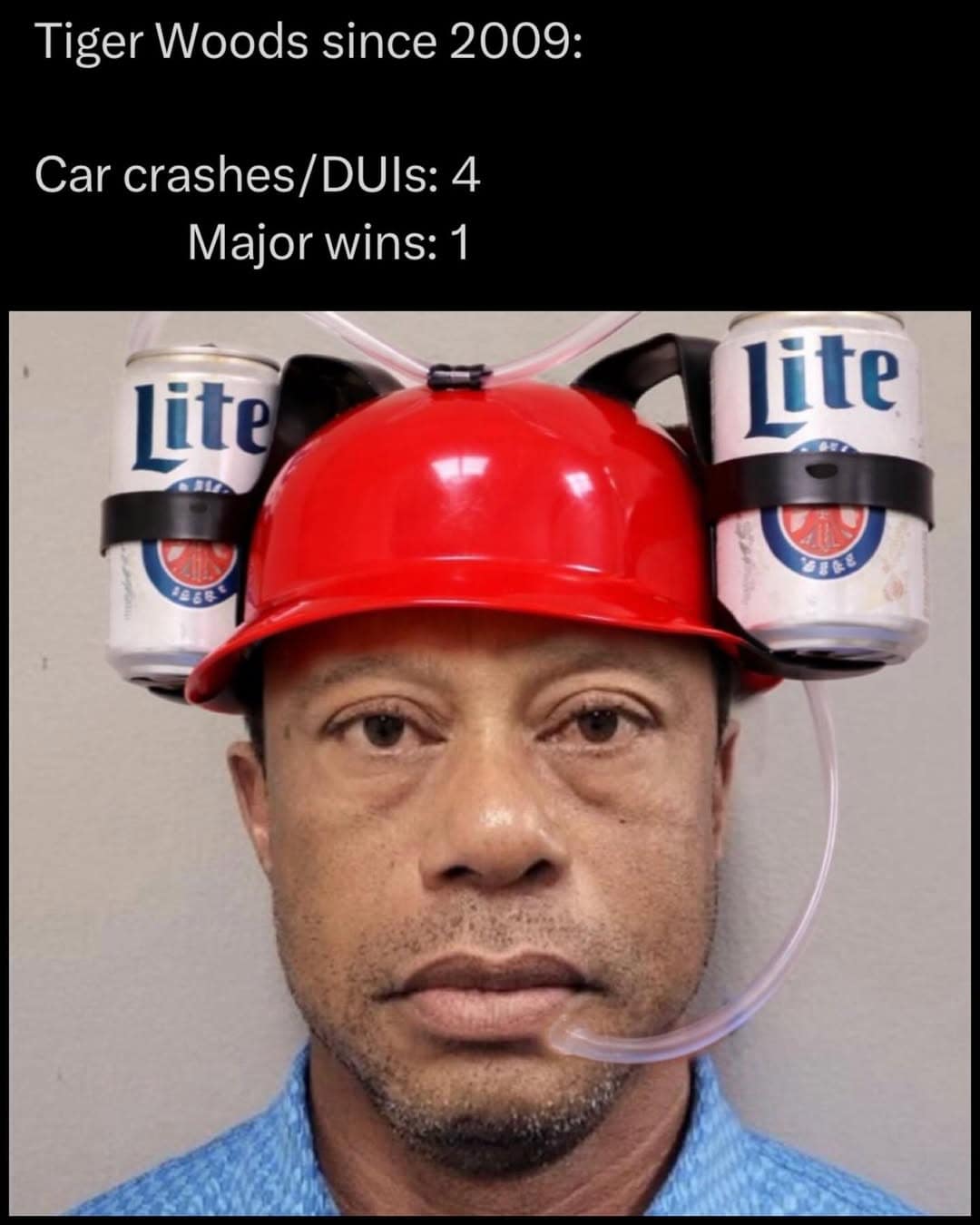 A brutal Tiger woods DUI meme comparing his stats since 2009: "Car crashes/DUIs: 4 / Major wins: 1." The visual features his 2026 mugshot photoshopped to show him wearing a red beer-drinking helmet with Miller Lite cans.