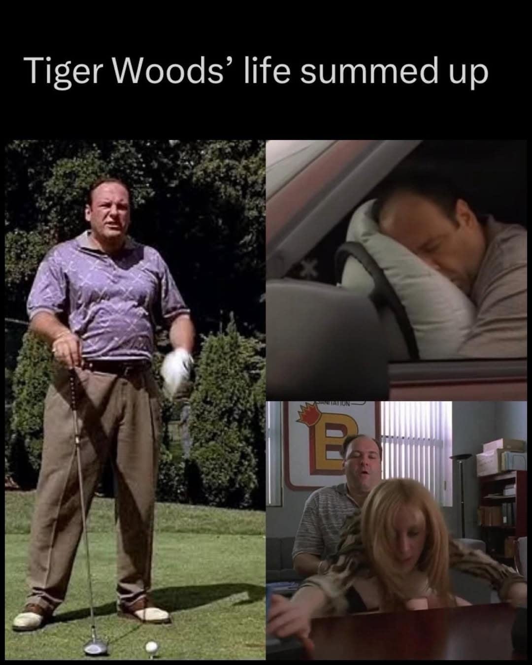 A Tiger Woods crash meme titled "Tiger Woods' life summed up" using Tony Soprano as a proxy. The collage shows Tony golfing, Tony passed out behind a steering wheel, and Tony in a compromising sexual position.