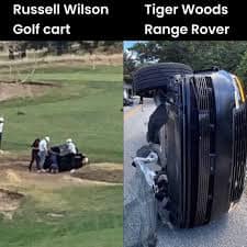 A comparative Tiger Woods crash meme showing a side-by-side of NFL player Russell Wilson’s flipped golf cart on a green versus Tiger Woods’ massive overturned Range Rover on a highway.