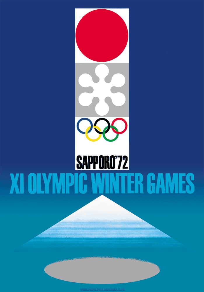 Minimalist 1972 Sapporo Winter Olympics poster featuring a red sun, snowflake, rings, and Mt. Fuji.