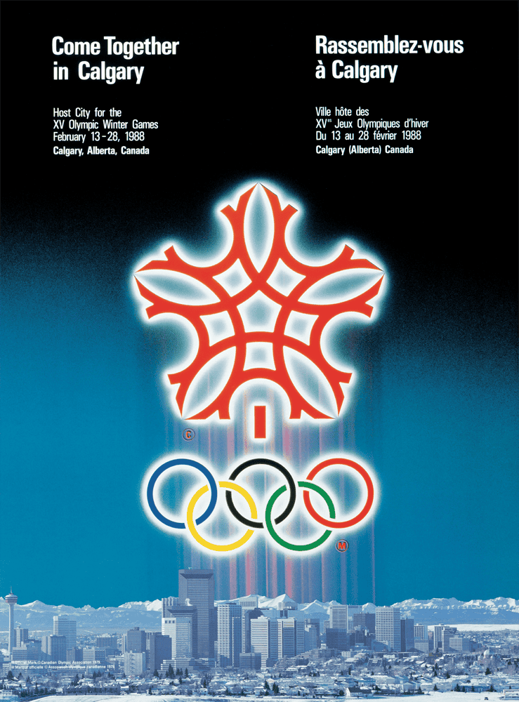 1988 Calgary Winter Olympics poster showing the city skyline beneath a glowing red snowflake emblem.
