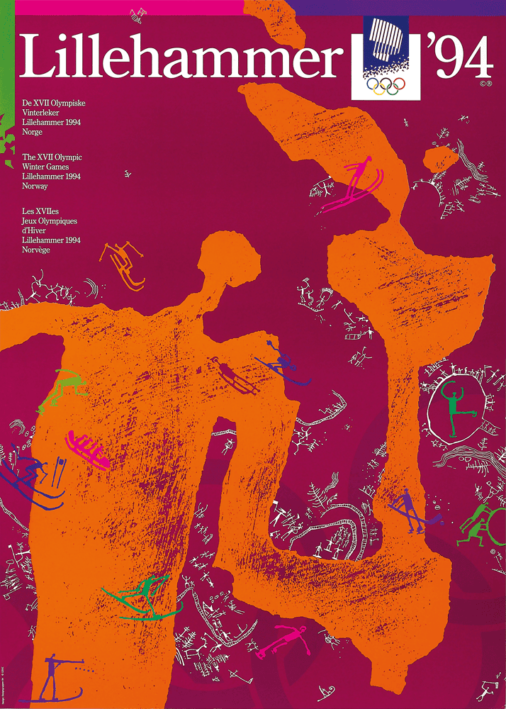 1994 Lillehammer Winter Olympics poster featuring colorful pictograms inspired by ancient Norwegian rock carvings.