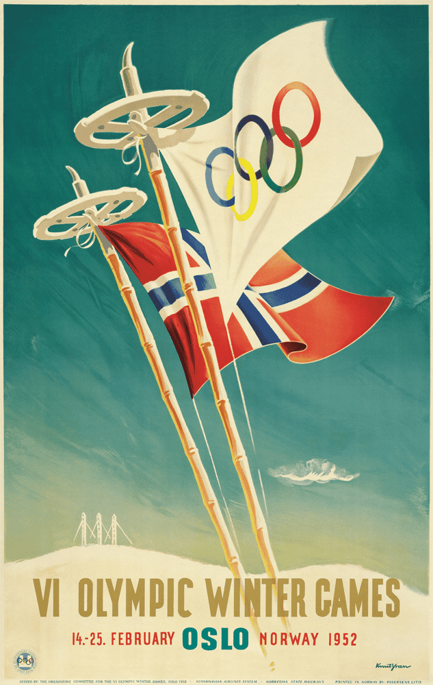 1952 Oslo Winter Olympics poster featuring crossed skis and the flags of Norway and the Olympics.
