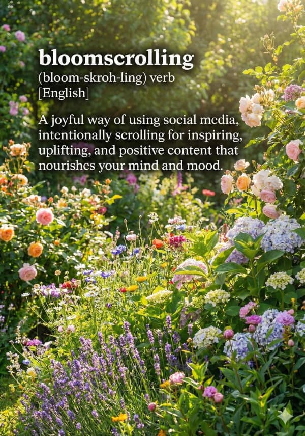 A vibrant and floral wholesome image of a sunlit garden that defines "bloomscrolling" as the healthy habit of intentionally looking for positive, inspiring content on your feed.