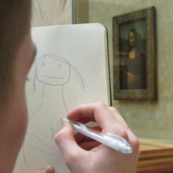 A humorous and wholesome image of a visitor in an art gallery sketching their own interpretation of the Mona Lisa, replacing the legendary masterpiece with a charmingly simple, wide-eyed stick-figure drawing.
